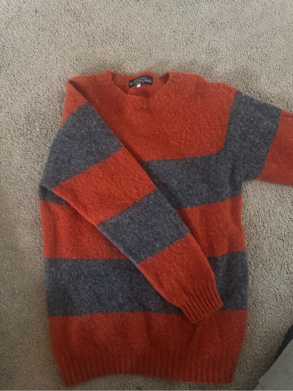 J. Peterman Rust-Orange and Charcoal Striped Crewneck Sweater